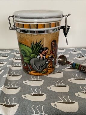 Decorative Ceramic Coffee Air Tight Canister Container & Measuring Spoon